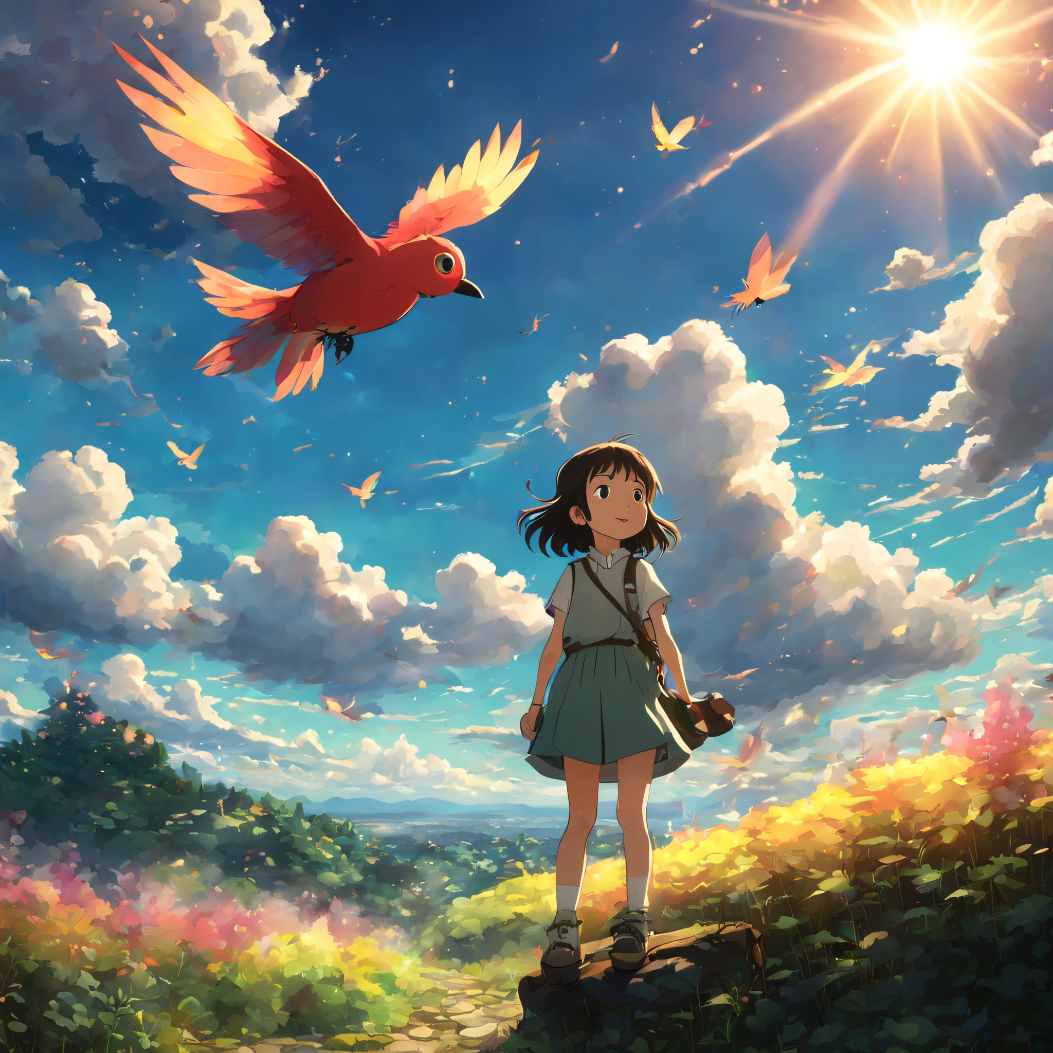 wide shot view, cinematic ,spectacular , 8k ,hi res , studio Ghibli style ,anime , young girl ,smiling ,playing with colored bird ,beautiful sky ,firefly's ,sun flare ,fantasy landscape in back ground light clouds.