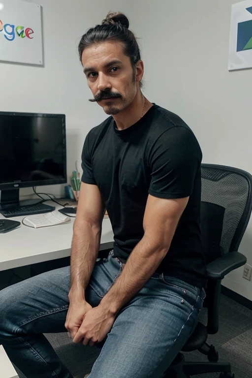 imagem 4k Um homem 40 anos de cavanhaque, bigode moustache, green eyes and hair tied in a bun is sitting in an office chair. He is wearing a black t-shirt with the Google AI logo and jeans. He's looking at the camera. He is surrounded by computer screens and other technological equipment.