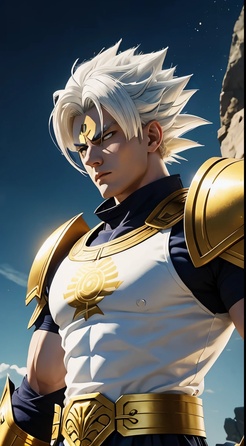 A white-haired warrior man with yellow eyes wearing white and gold saiyan armor
