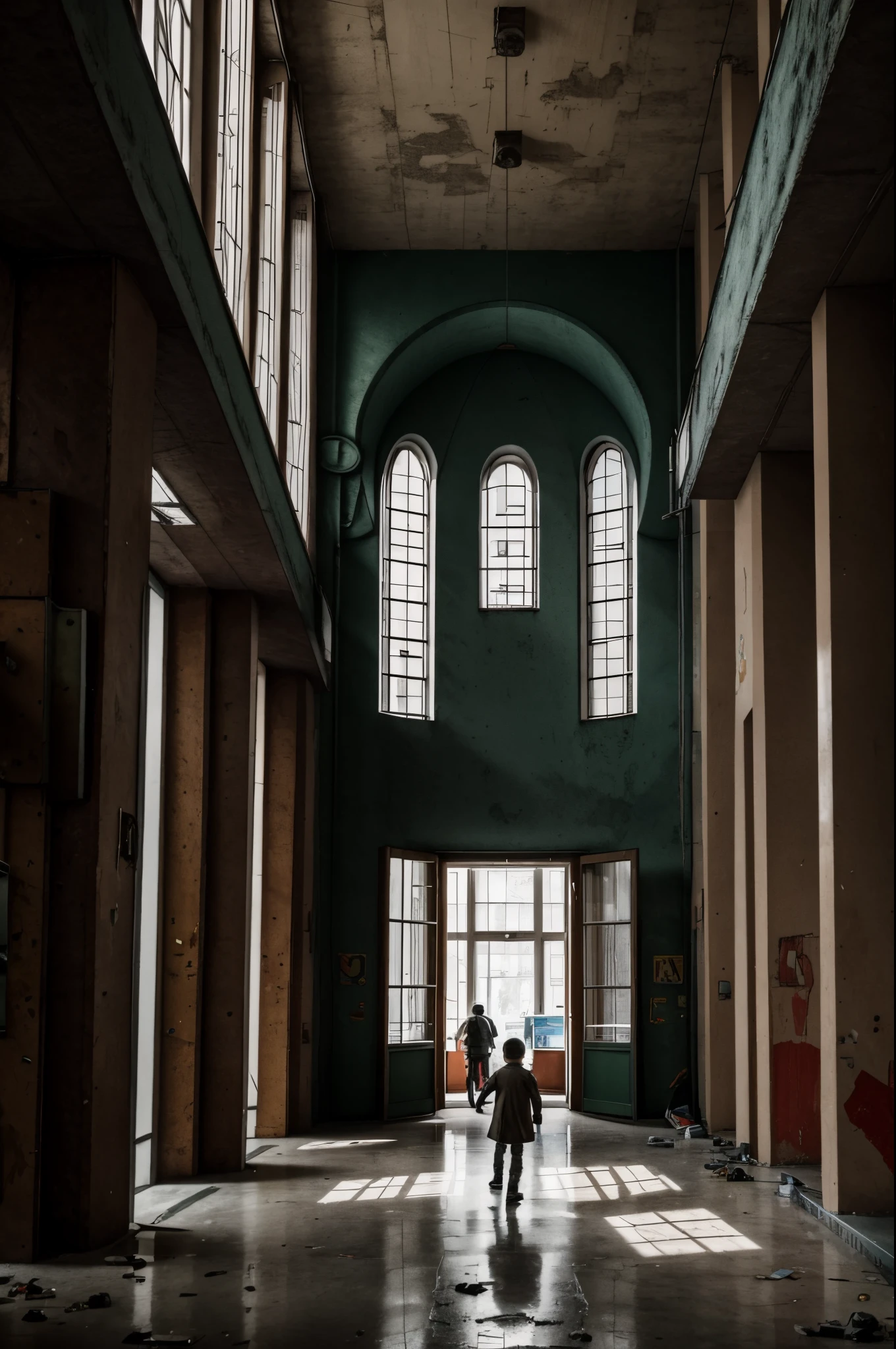 big lobby full of broken toys in a kindergarten full of sad kids, Heroic German expressionist architecture mixed with soviet brutalism and a dash of totalitarian italian '30s style, many kids in wondering sadly on the looby