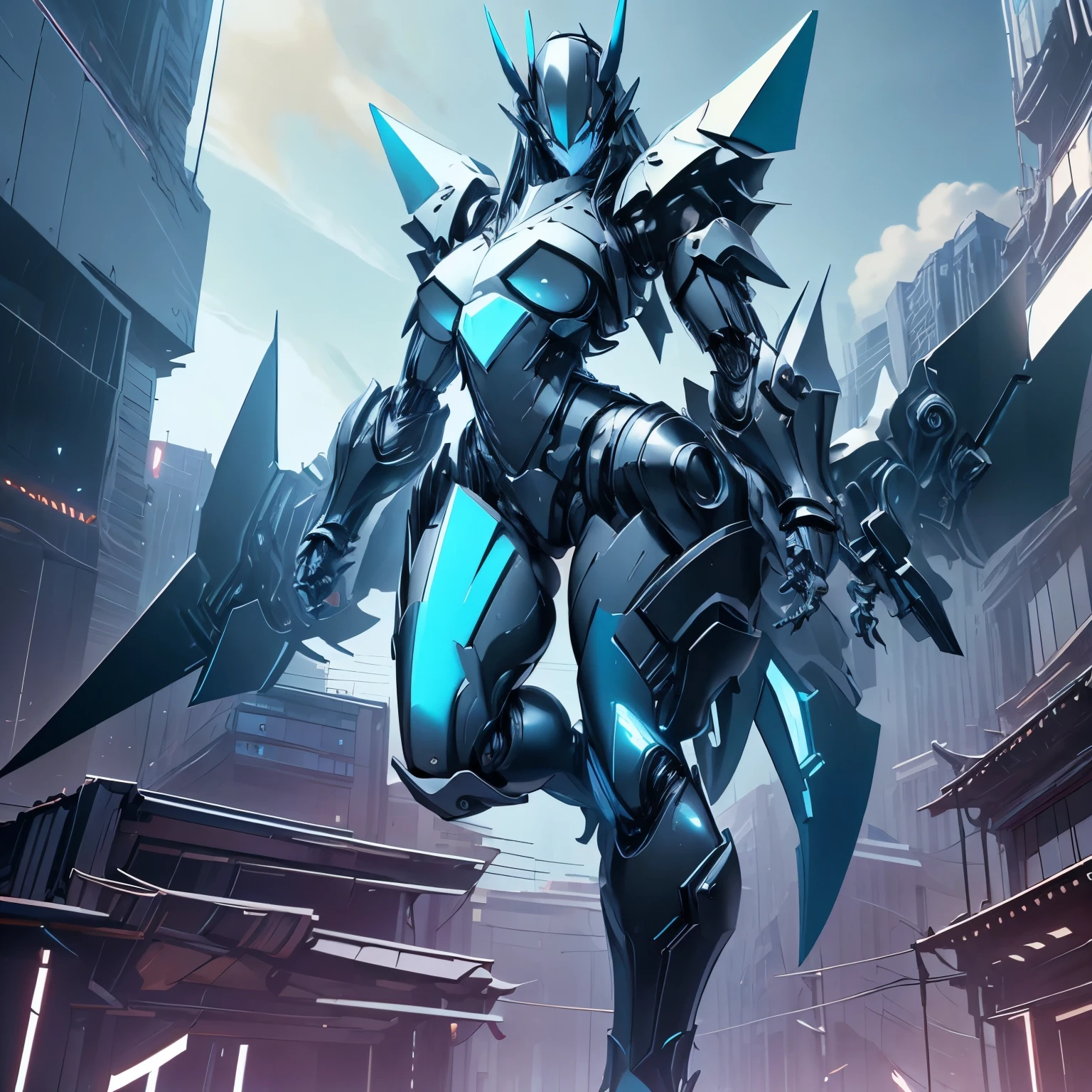 Robot body, robot girl, blue skin, long_black_hair,sharp_teeth, full body armor,fully_clothed, long_tail, chubby_female,purple_eyes, spikes, claws, thicc_thighs , boobs, city _background