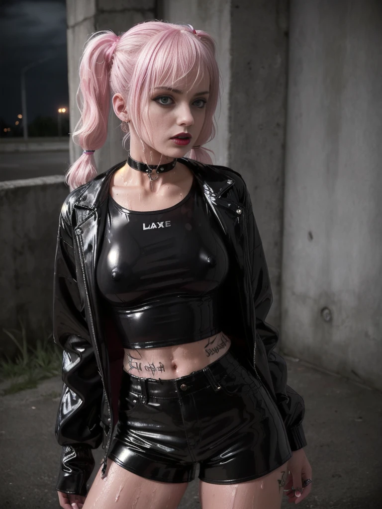 рыжая Girl from Europe (Evil and gloomy)), hairsh (tail, Длинная короткая блестящая latex jacket Bangtra, leather shorts, Latex jacket very short, Choker, black tank top, wet clothing, SFW, A lot of blood, a lot of tattoos on the body,There is one girl in the frame, Dark and gloomy atmosphere, Realistic light, sporty figure, Sweat runs down the body, Medium-sized breasts of a seductive punk-gothic girl, latex jacket, latex shorts, Choker, wet thin tank top, розовые и белые hairsh, Long bangs, pigtails, black lips, pouty lips, Medium GRD, Athletic body, athletic toned butt, Girl from Europe, lots of tattoos, Not a model, Street , Dark atmosphere, The skin is shiny with sweat, Gloomy room, twilight,  takes off his panties, hairsh на лобке, opens his chest, protruding 