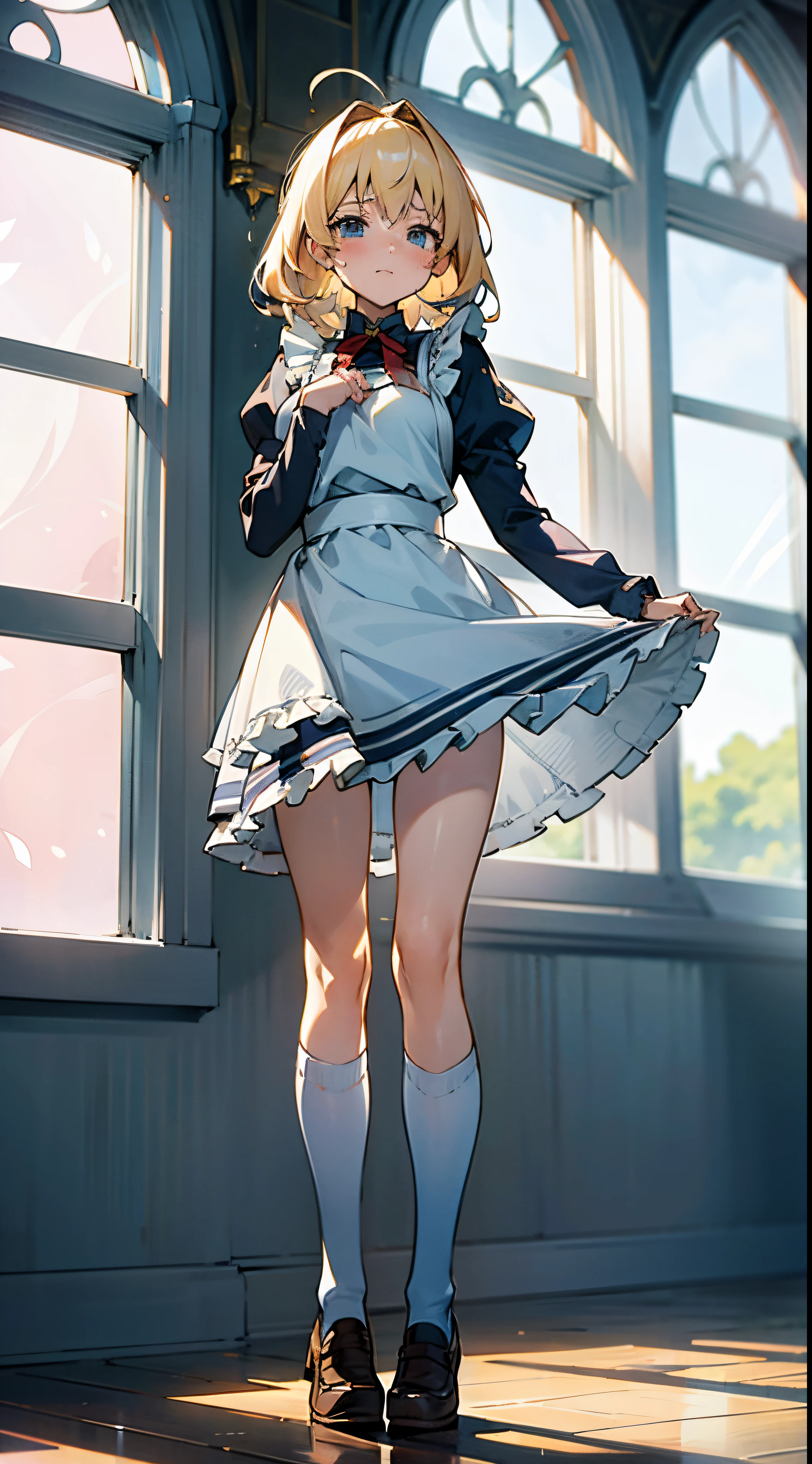 anime styled, The ultra -The high-definition, alice in the wonderland, Super cute girl, a blond, long, shame, peeが出てしまって恥ずかしくて泣きそうな顔, light blue fluttering short dress, frilldの付いた白いエプロンスカートを重ねる, frilld, B-cup breast, Light blue fluttering mini skirt, 靴下はつま先から太ももの真ん中までのlongめの白いニーハイソックスです。., and draw the full body, Inside an old Western-style building, absurd worldview, A window that lets in bright sunlight, Her clothes are a little disarrayed and her breasts are exposed.., pee, お漏らししてpeeが股から出て太ももを伝ってチョロチョロと細く流れている, free pose