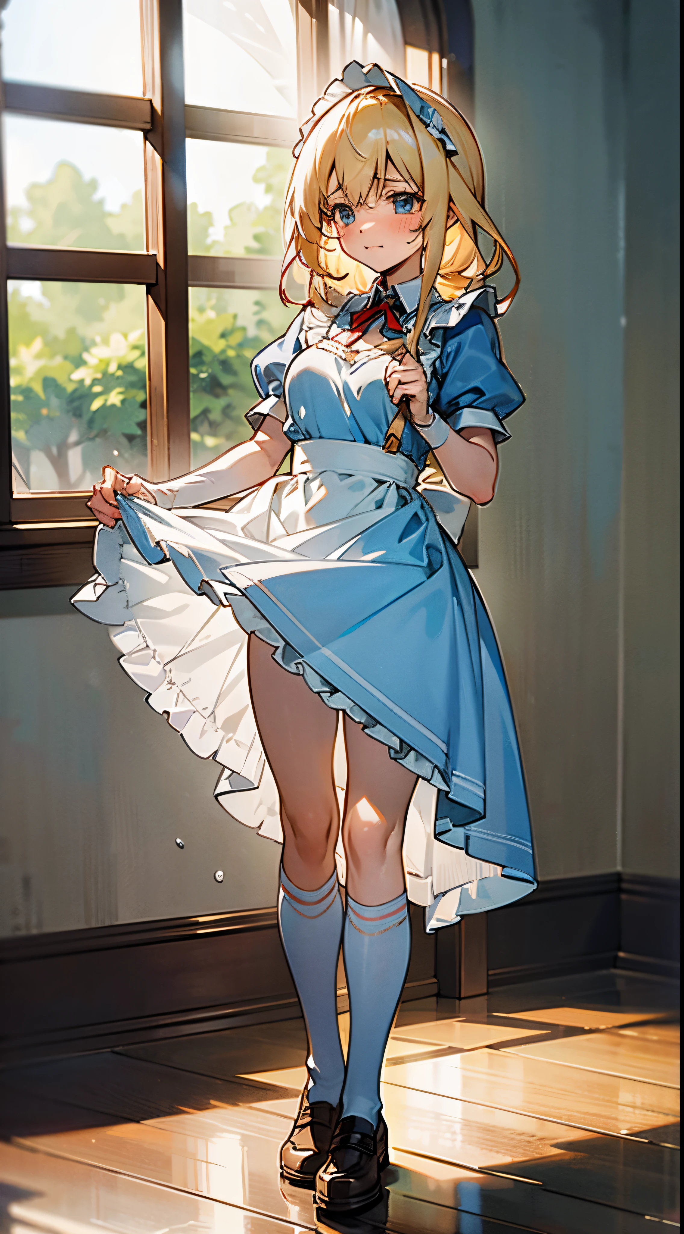 anime styled, The ultra -The high-definition, alice in the wonderland, Super cute girl, a blond, long, shame, peeが出てしまって恥ずかしくて泣きそうな顔, light blue fluttering short dress, frilldの付いた白いエプロンスカートを重ねる, frilld, B-cup breast, Light blue fluttering mini skirt, 靴下はつま先から太ももの真ん中までのlongめの白いニーハイソックスです。., and draw the full body, Inside an old Western-style building, absurd worldview, A window that lets in bright sunlight, Her clothes are a little disarrayed and her breasts are exposed.., pee, お漏らししてpeeが股から出て太ももを伝ってチョロチョロと細く流れている, free pose