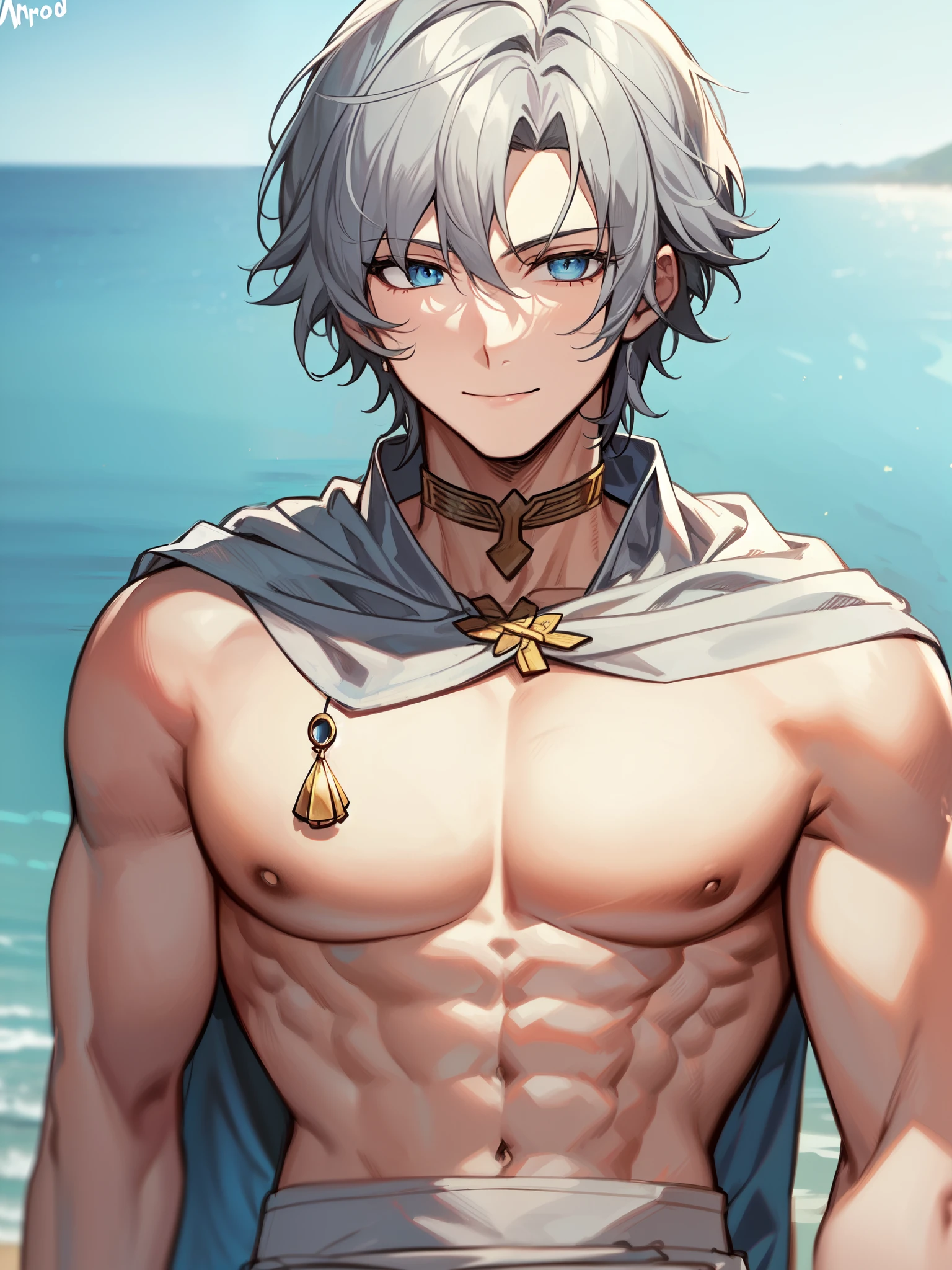 ((ancient greek priest clothing)), ((short hair)), ((grey colored hair)), ((ocean blue eyes)), ((seductive expression)), ((seductive smile)), ((muscular body)), ((priest of the Goddess Aphrodite)) ((light skin)), ((mature male)), 1boy, beautifully drawn, high resolution illustration, best quality, High definition, ((detailed anime sketch)), Masterpiece, (solo), absurdres, portrait, ((upper body)), ((close-up)), detailed background, fine detail, male focus, HDR,