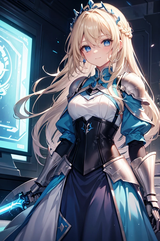 future scifi setting, {{{{holding a knight sword with a blue light blade}}}}, {{{character{{{1 girl}}}}}}, solo, determined smile, closed mouth, blue eyes, {{{{{looking at viewer}}}}}, {beautiful woman}, {{{she looks like a princess}}}, silver tiara, {{{{blonde hair}}}}, {{{blue futuristic battle dress}}}, {{blue shirt}}}, {{armor that has blue lights}}, {{{{blue frilled short skirt with armor that has blue lights}}}}, {{black corset}}, long hair, hair between eyes
