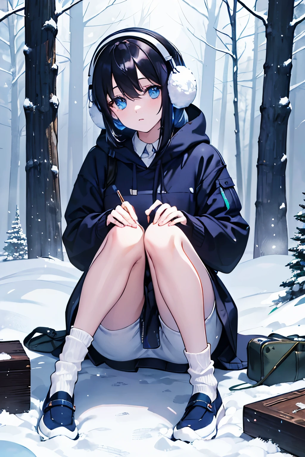 A dark-haired blue eyess Earmuffs trainers Jumper JINS sockes espadrilles In the snowy forest masterpiece Top image quality denoise Clear cinematic shadow Increased attractiveness of the eyes Clear the shine of the eyes Draw eyelashes neatly Perfect Eye A detailed eye Sharpen image quality Sharpen eye writing Clear eye shape