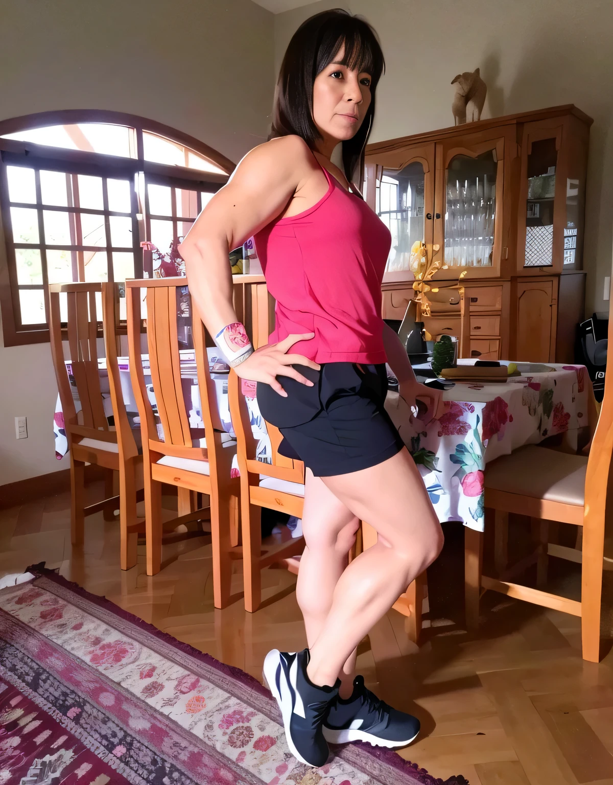 There is a woman standing in a room with a table and chairs, pose lateral, Photo adjustment, fazendo uma pose atrevida, vestindo shorts vermelhos, in good physical shape, tiro na perna e no quadril, Posando!!, lunging at camera :4, tiro de corpo inteiro, mulher curta robusta, legs and arms, Cottagecore!! corpo fitness, cintura magra e quadris grossos