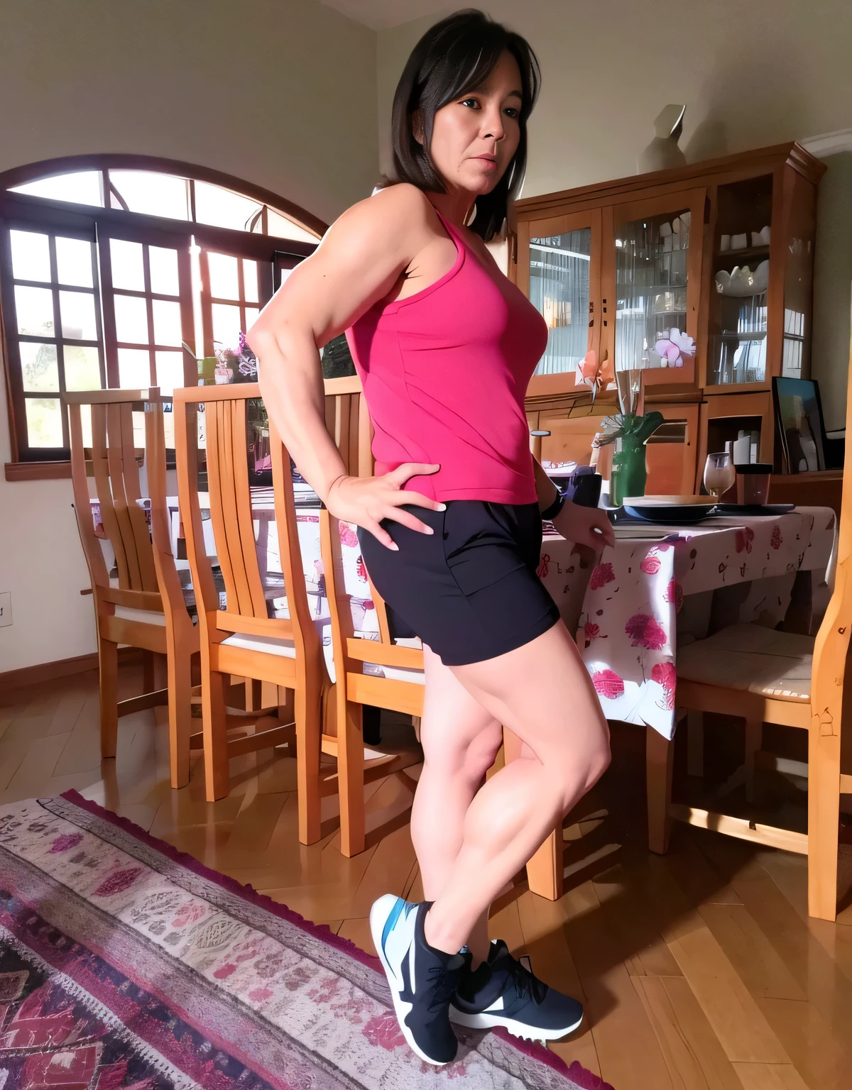 pregnant woman in pink top and red shorts standing on a rug, cropped red yoga short, middle shot waist up, short robust woman, sport bra and shorts, wearing red shorts, side pose, half body cropping, fit pic, close up half body shot, skinny waist and thick hips, posed in profile, half body photo, half body shot, in good physical shape
