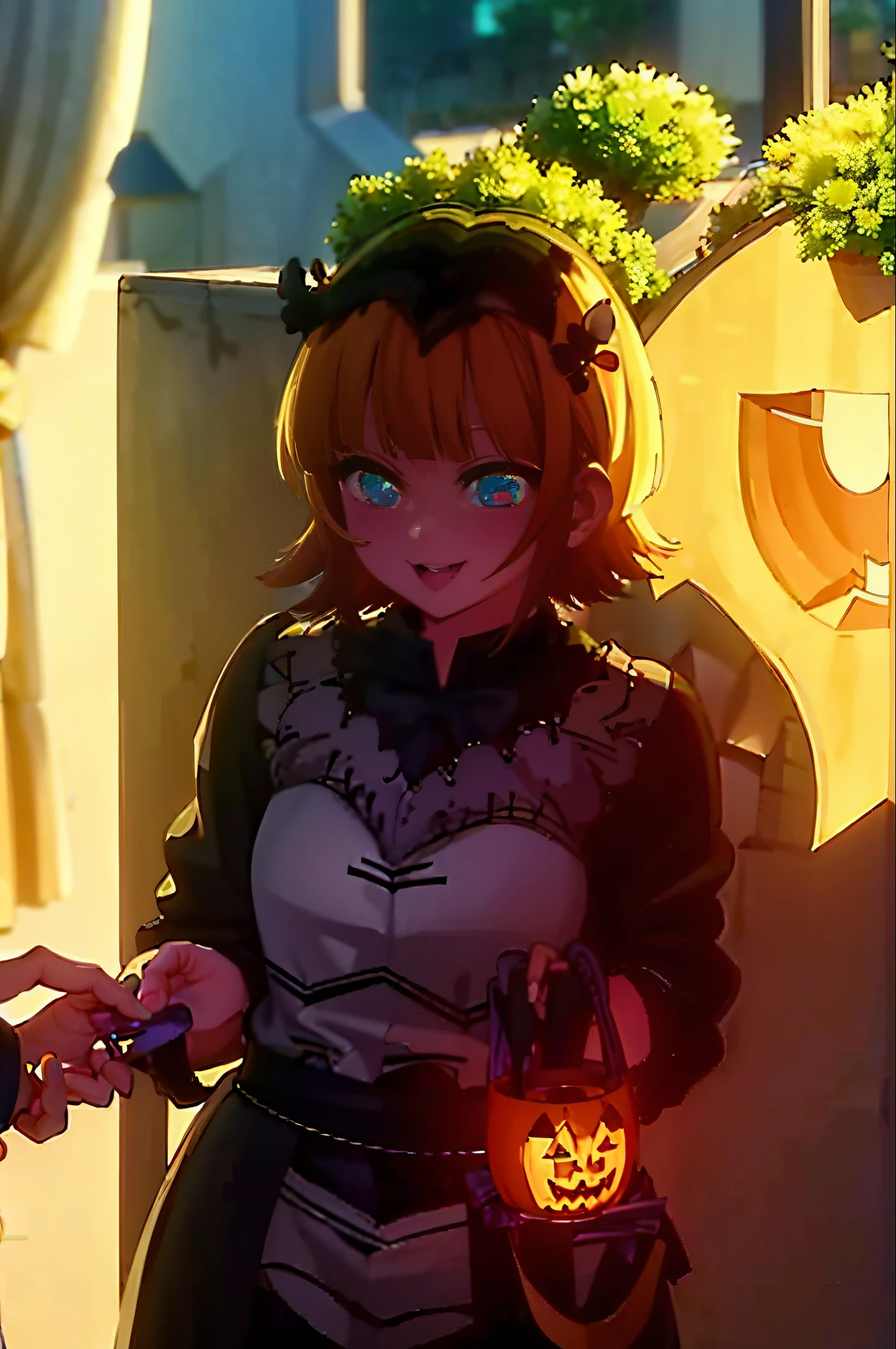 (masterpiece、top-quality:1.2)、独奏、1girl in、a smile、Look at viewers、(Nail Pose:1.1)、short blonde hair、Pointed hat、brown-eyed、Naked bandage、natta、Halloween、jack-o-lanterns、Cobweb