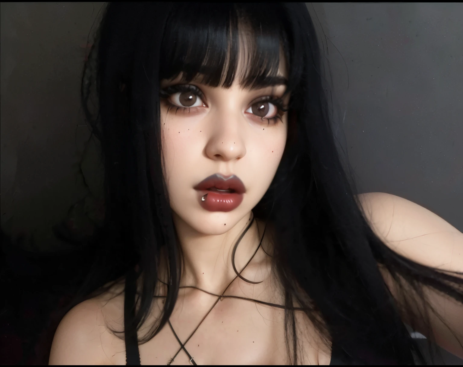 Arafed woman with long black hair and a necklace around her neck, She has black hair with bangs, boca rosada, pale goth beauty, 1 7 - year - old goth girl, cabelos pretos e olhos grandes, goth girl aesthetic, franja preta, goth girl, cabelo blackbangs cabelo, com rabo-de-porco preto, She has black hair, Ela parece uma mistura de Grimes