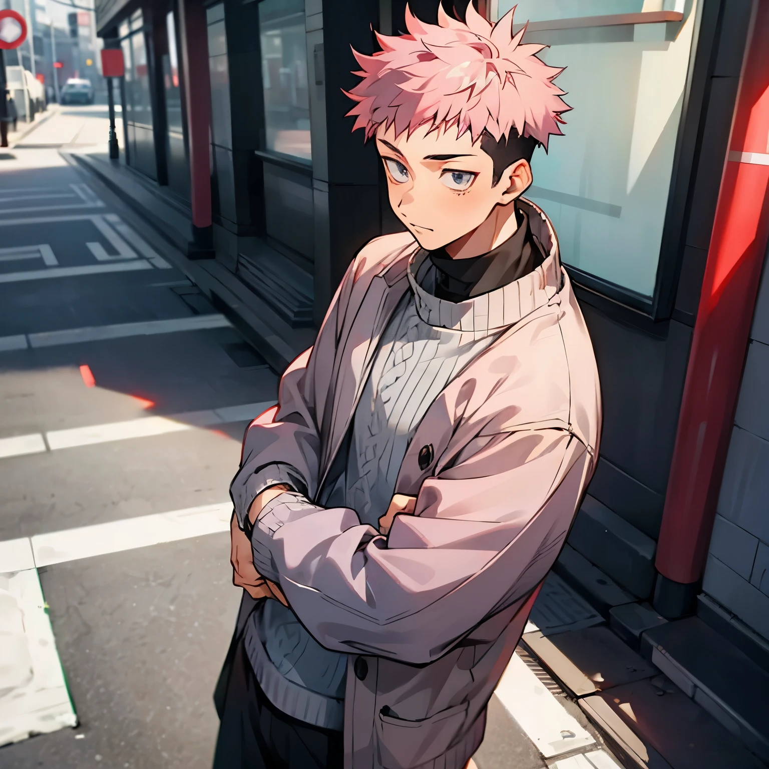 Grey Winter Sweater ,Faded Pink Hair , Undercut Hair ,1male , Standing on street , Grey eyes ,