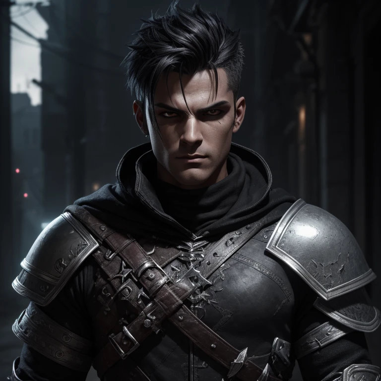 Super detail 16k ultra hd boy role-playing style super detailed face symmetrical eyes detailed marked jaw dark eyes silver armor on the chest well-detailed cracks black hair shaved to the side shabby dark clothes holding a large sword confident expression on the face dark boots full body image walking fantasy dark night rpg city background next door