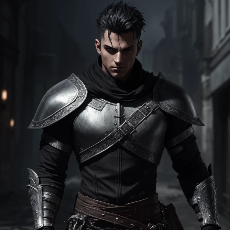 Super detail 16k ultra hd boy role-playing style super detailed face symmetrical eyes detailed marked jaw dark eyes silver armor on the chest well-detailed cracks black hair shaved to the side shabby dark clothes holding a large sword confident expression on the face dark boots full body image walking fantasy dark night rpg city background next door
