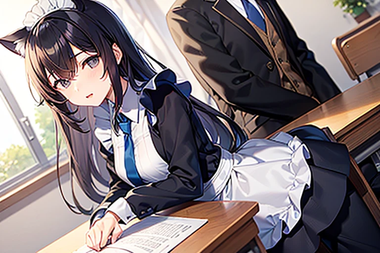 masterpiece, best quality, high quality, 1boy and 1 girl, boy, middle school student, school uniform, trousers, (blue tie:1.2), closed eyes, (hairstyle: straight), (black hair:1.2), middle hair, hair over one eye, sleeping at the desk BREAK girl, (neko, maid:1.2), cat years, long brown hair, (grey eyes:1.1), sitting at desk in front of boy, (frome side:1.2)