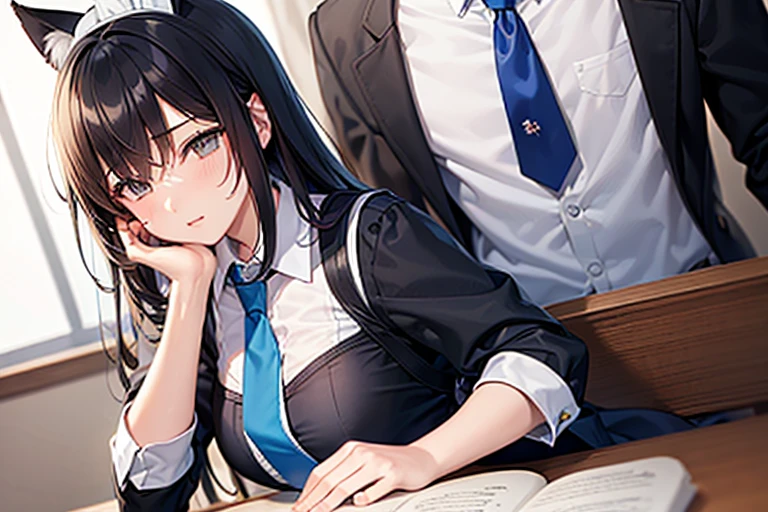 masterpiece, best quality, high quality, 1boy and 1 girl, boy, , school uniform, trousers, (blue tie:1.2), closed eyes, (hairstyle: straight), (black hair:1.2), middle hair, hair over one eye, sleeping at the desk BREAK girl, (neko, maid:1.2), cat years, long brown hair, (grey eyes:1.1), sitting at desk in front of boy, (frome side:1.2)