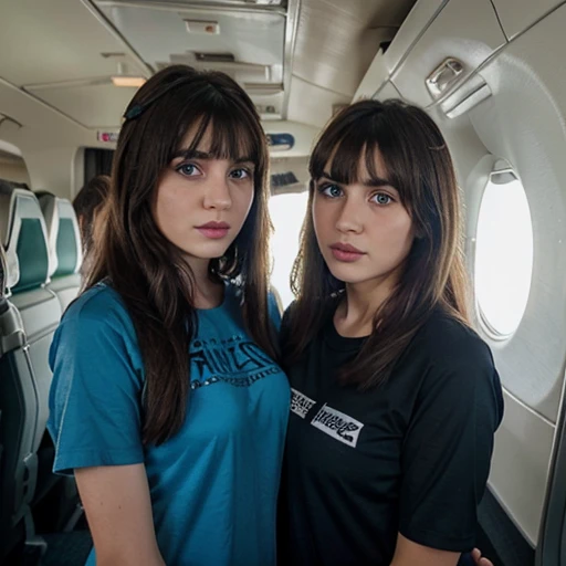 Teenage white Palestinian girl with long brown hair and bangs and green eyes wearing a black dress with short sleeves with her mom wearing makeup and eye liner and eye shadow and blue lipstick and wearing a blue Tshirt with short sleeves in an airplane