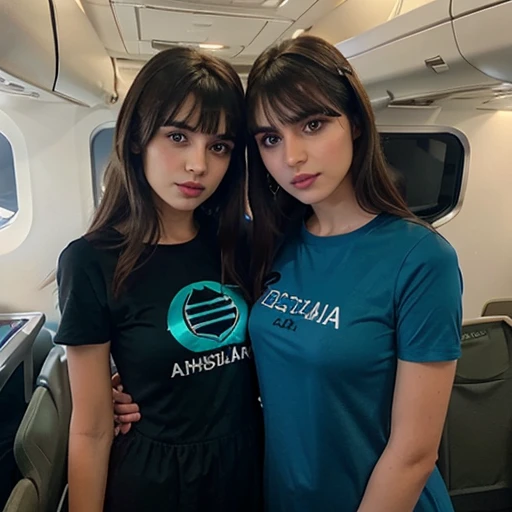 Teenage white Palestinian girl with long brown hair and bangs and green eyes wearing a black dress with short sleeves with her mom wearing makeup and eye liner and eye shadow and blue lipstick and wearing a blue Tshirt with short sleeves in an airplane