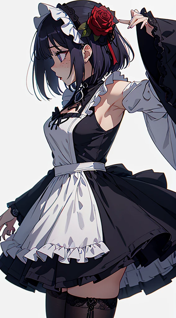 (((Young White Woman))), ((Best Quality)), ((Masterpiece)), (Detail: 1.4), 3D,MarinLora, blush, short hair, black hair, hair ornament, thighhighs, long sleeves, dress, purple eyes, purple hair, flower, pantyhose, hairband, frills, hair flower, wide sleeves, apron, black dress, , rose, floral print, lace, ta fashion, gothic loli((hair flower, wide sleeves, apron, black dress, , rose, floral print, lace, lolita fon, gothic lolita))), pl, Centered, scale to fit the dimensions, nffsw (High dynamic range),Ray tracing,NVIDIA RTX,Hyper-Resolution,Unreal 5,Subsurface Dispersion, PBR Texture, Post-processing, Anisotropy Filtering, depth of fields, Maximum clarity and sharpness, Multilayer textures, Albedo and specular maps, Surface Shading, accurate simulation of light and material interactions, Perfect proportions, Octane Render, Two-tone lighting, Wide aperture, Low ISO, White Balance, thirds rule, 8K Raw, Crysisnanosuit,loraeyes,nijistyle,pantyhose, freckles, nsfw, sexual pose ,High detailed, 300dpi, pornstar, ((((white background))), (((sexy pose))), (((profile)))
