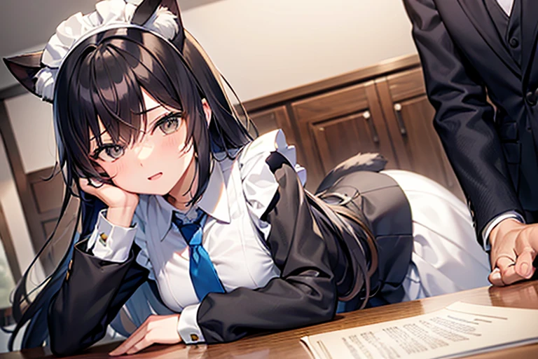 masterpiece, best quality, high quality, 1boy and 1 girl, boy, , school uniform, trousers, (blue tie:1.2), closed eyes, (hairstyle: straight), (black hair:1.2), middle hair, hair over one eye, sleeping at the desk BREAK girl, (neko, maid:1.2), cat ears, long brown hair, (grey eyes:1.1), sitting at desk in front of boy, (frome side:1.2)