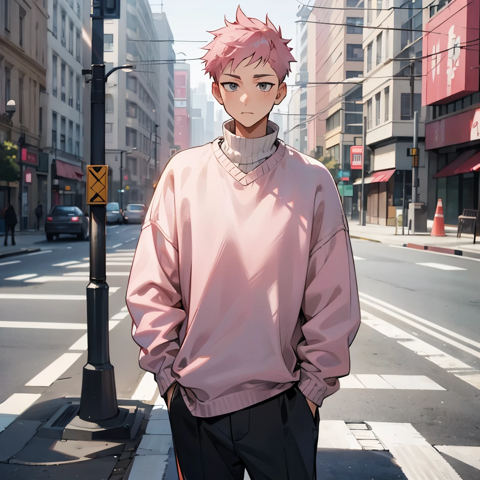 Grey Winter Sweater ,Faded Pink Hair , Undercut Hair ,1male , Standing on street , Grey eyes ,