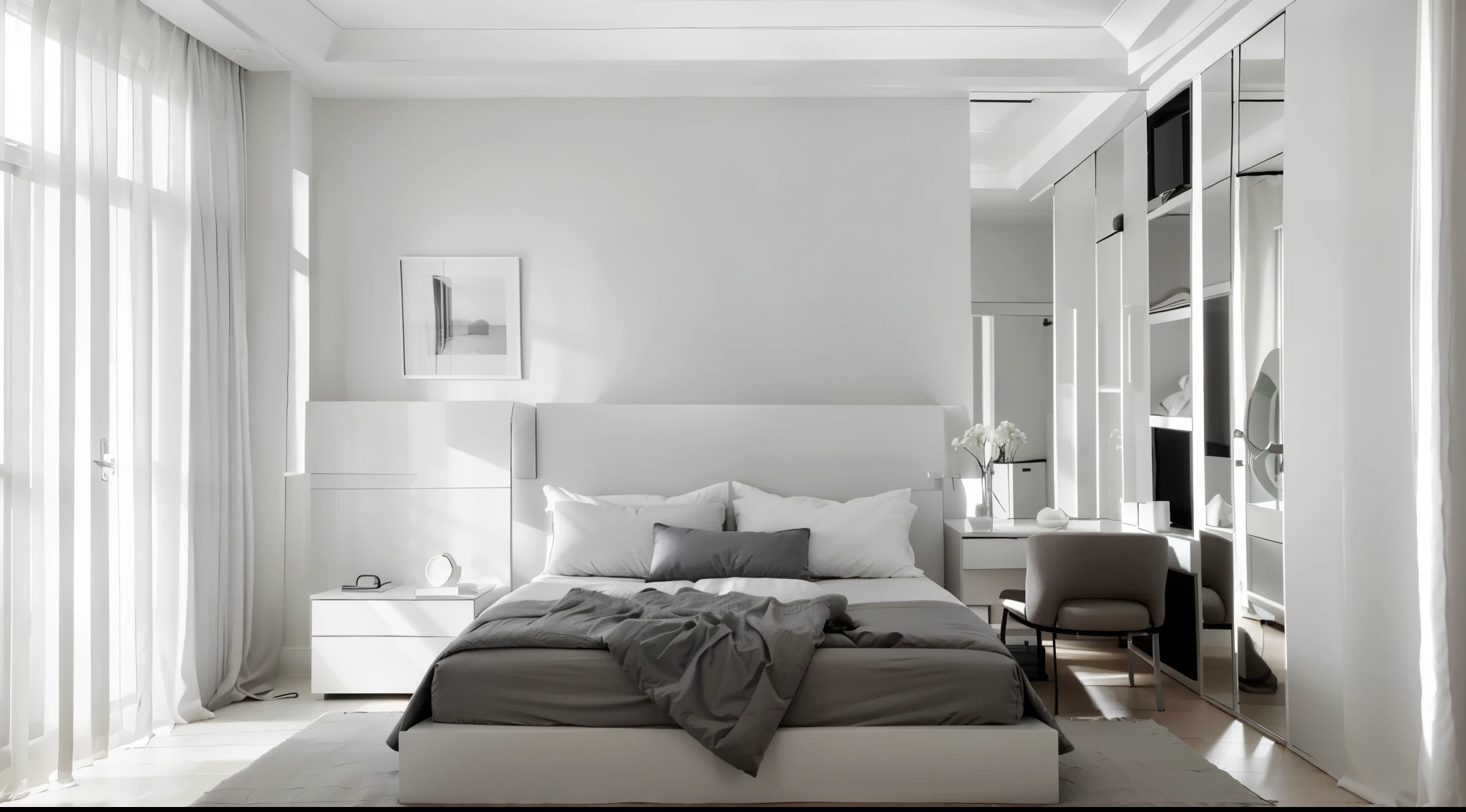 there is a bed with a gray comforter and a white nightstand, serene bedroom setting, white bed, bed room, bedroom, inside of a bedroom, sleek white, small bedroom, bedroom interior, all white render, dim bedroom, brightly lit room, minimalistic and beautiful, elegant minimalism, made in tones of white and grey, white room, natural light in room