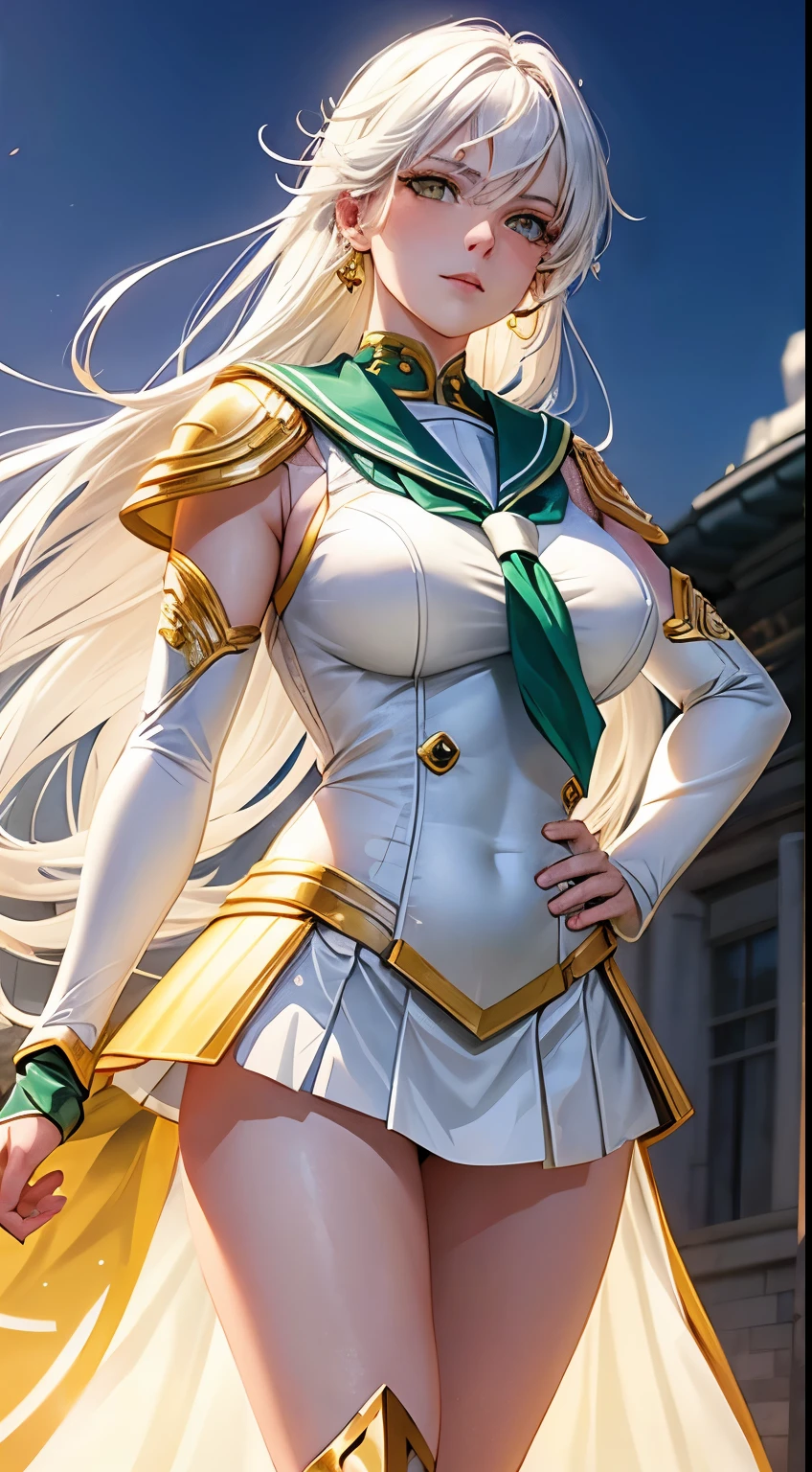 A beautiful and sexy white-haired warrior woman with yellow eyes wearing white and gold sailor jupiter armor