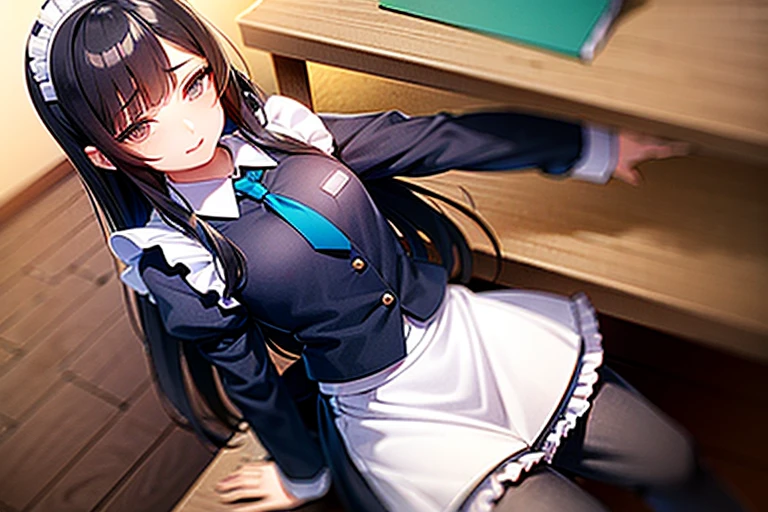 masterpiece, best quality, high quality, 1boy and 1 girl, boy, middle school student, school uniform, trousers, (blue tie:1.2), closed eyes, (hairstyle: straight), (black hair:1.2), middle hair, hair over one eye, sleeping at the desk BREAK girl, (neko, maid:1.2), cat ears, long brown hair, (grey eyes:1.1), sitting at desk in front of boy, (frome side:1.2)