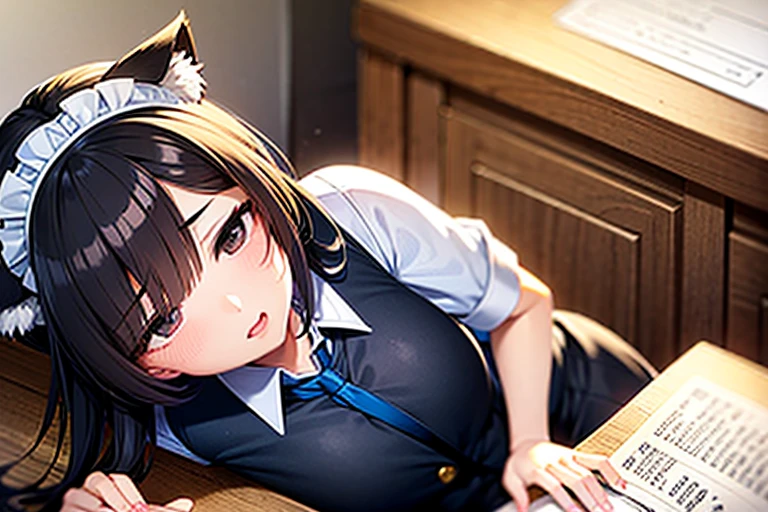 masterpiece, best quality, high quality, 1boy and 1 girl, boy, middle school student, school uniform, trousers, (blue tie:1.2), closed eyes, (hairstyle: straight), (black hair:1.2), middle hair, hair over one eye, sleeping at the desk BREAK girl, (neko, maid:1.2), cat ears, long brown hair, (grey eyes:1.1), sitting at desk in front of boy, (frome side:1.2)