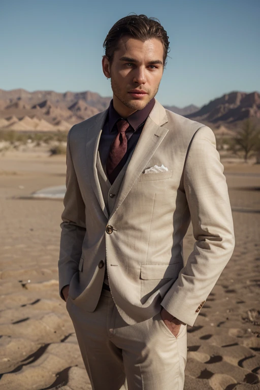 ((best quality)), ((masterpiece)), (detailed), perfect face, modeling a custom-made suit, have a desert background, male