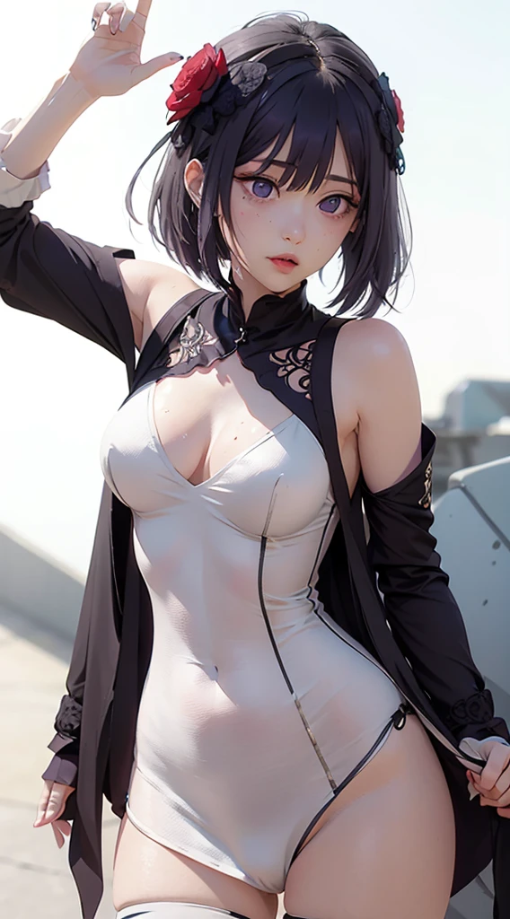 (((Young White Woman))), ((Best Quality)), ((Masterpiece)), (Detail: 1.4), 3D,MarinLora, blush, short hair, black hair, hair ornament, thighhighs, long sleeves, dress, purple eyes, purple hair, flower, (nude), pastel, Centered, scale to fit the dimensions, nffsw (High dynamic range),Ray tracing,NVIDIA RTX,Hyper-Resolution,Unreal 5,Subsurface Dispersion, PBR Texture, Post-processing, Anisotropy Filtering, depth of fields, Maximum clarity and sharpness, Multilayer textures, Albedo and specular maps, Surface Shading, accurate simulation of light and material interactions, Perfect proportions, Octane Render, Two-tone lighting, Wide aperture, Low ISO, White Balance, thirds rule, 8K Raw, Crysisnanosuit,loraeyes,nijistyle,pantyhose, freckles, nsfw, sexual pose ,High detailed, 300dpi, pornstar, ((((white background))), (((sexy pose))), (((flirt)))