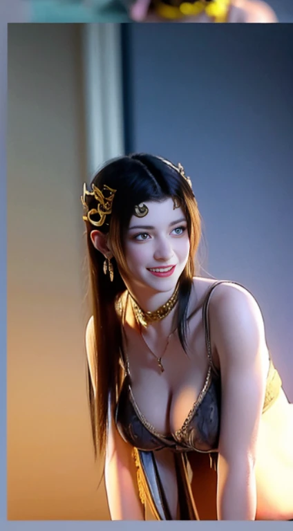 A brunette one,Sexy beauty with dark eyes,There is a thin iron chain tied around his neck,lies on the ground,while crawling, He looks up at the camera, Laughed hard.,Huge plump buttocks raised high,Upper body wear,Cupless gold strap bra,Wearing sexy gold suspender thong underneath, her butt exposed,hip view