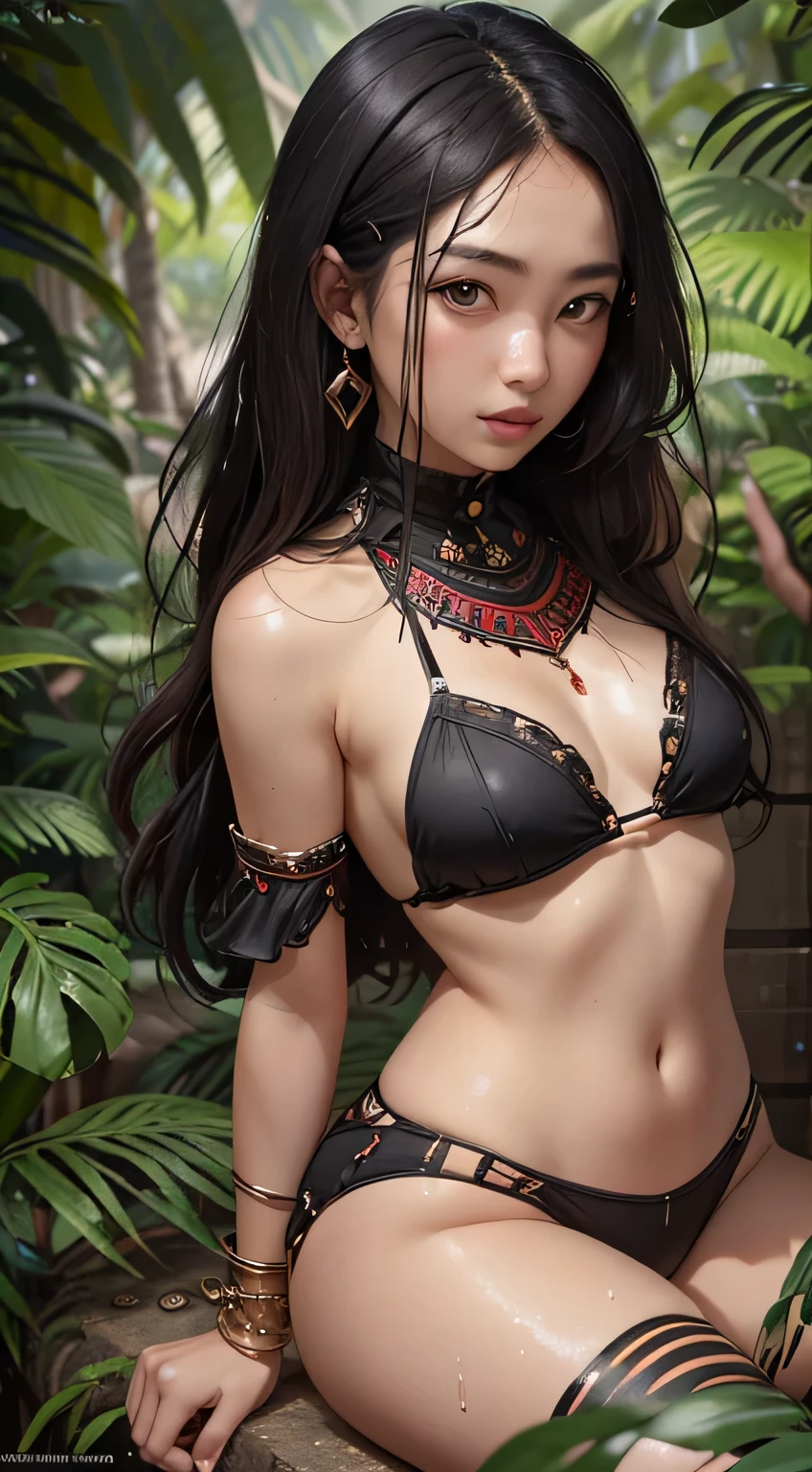 1girl, [red hair|black hair], \(savage, dark skin, jungle, tribal, amazone, wet\)_girl, \(savage, jungle, tribal, amazone, fur, bones\)_\(clothes, clothing\), tribal_\(marks, tatoo\), small breasts, barefoot, girl skinny, rainforest, rain, downpour, from above,