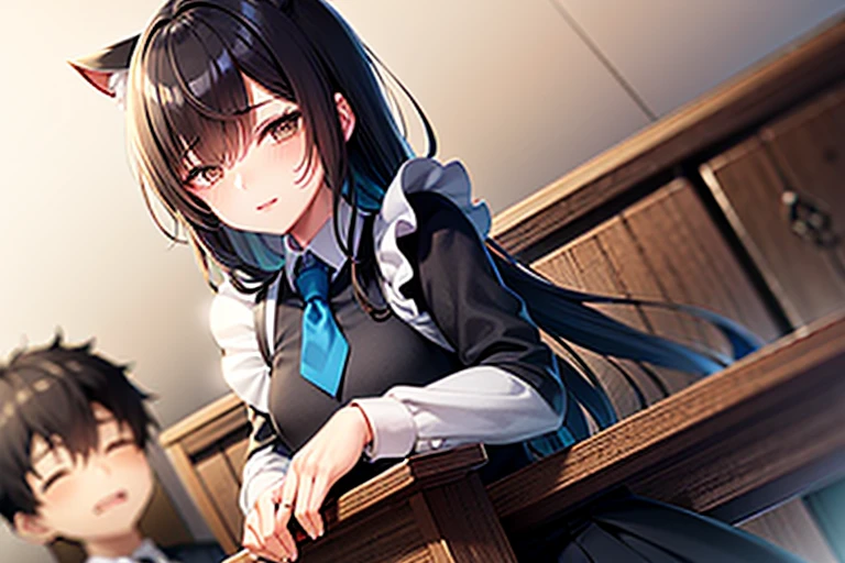 masterpiece, best quality, high quality, 1boy and 1 girl, boy, middle school student, school uniform, trousers, (blue tie:1.2), closed eyes, (hairstyle: straight), (black hair:1.2), middle hair, hair over one eye, sleeping at the desk BREAK girl, (neko, maid:1.2), cat ears, long brown hair, (grey eyes:1.1), sitting at desk in front of boy