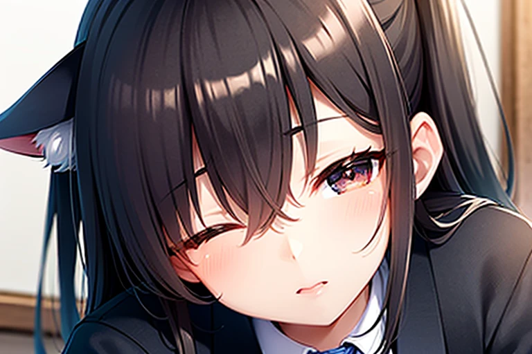 masterpiece, best quality, high quality, 1boy and 1 girl, boy, middle school student, school uniform, trousers, (blue tie:1.2), closed eyes, (hairstyle: straight), (black hair:1.2), middle hair, hair over one eye, sleeping at the desk BREAK girl, (neko, maid:1.2), cat ears, long brown hair, (grey eyes:1.1), sitting at desk in front of boy