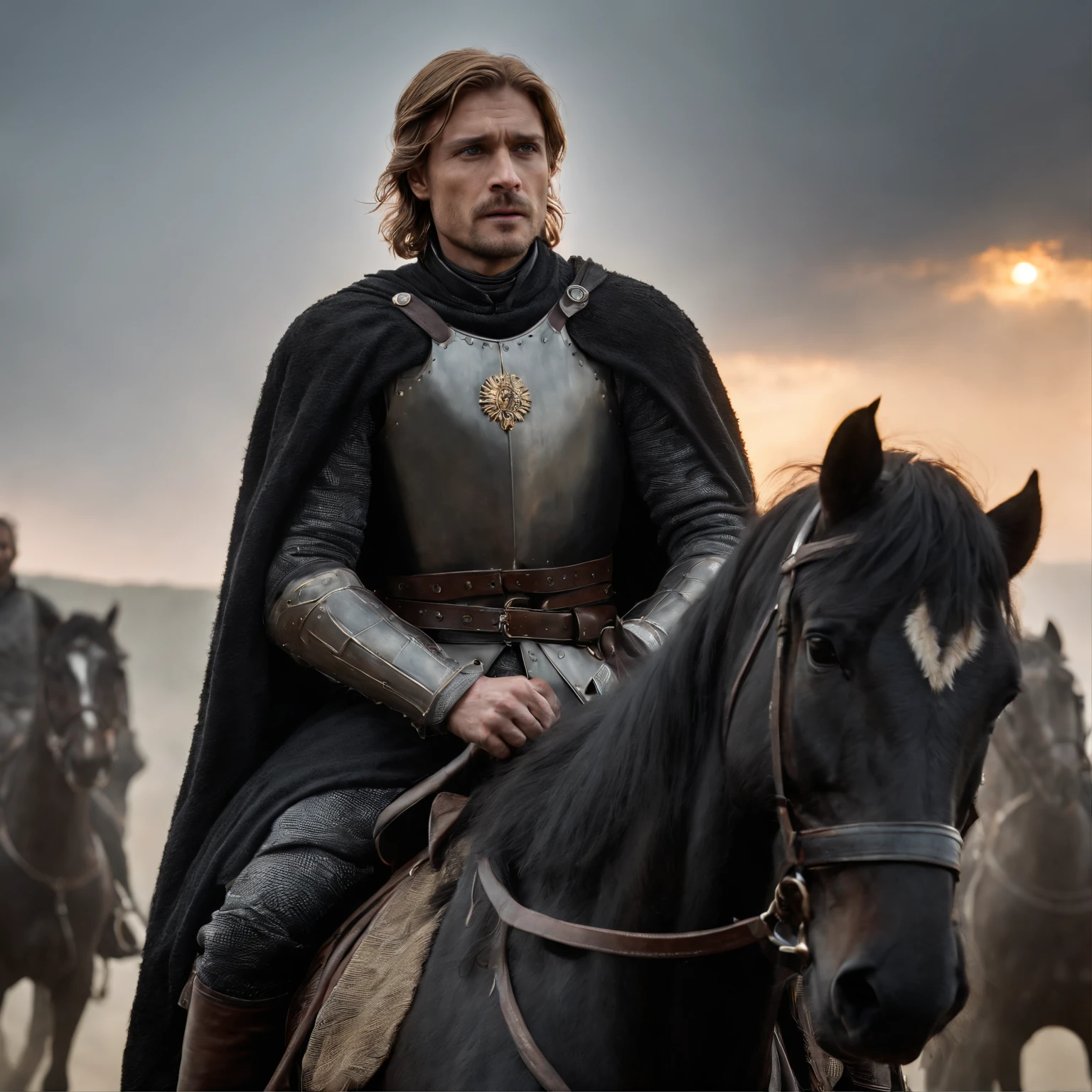 (realistic), portrait of Jaime Lannister from game of thrones siting on a black horse, 35yo, (medieval heavily designed copper armor), metal reflections, upper body, An intense medieval war scene in the background, medieval battleground, ultrawide shot, many soldiers fighting in the background, black smoke coming at different areas in the background, highly intense black gloomy atmosphere with black clouds and no sunlight, full bkack clouds in the sky no sun, gloomy sky, professional photograph of a Jaime Lannister detailed, sharp focus, dramatic, octane render unreal engine, volumetrics dtx, (film grain, blurry background, sunset, motion blur:1.3), chainmail, intense cinematic lighting, cinematic lighting, blurry foreground, bokeh, depth of field, high detail, cowboy shot, Wide-Angle, Ultra-Wide Angle, f/1.8, vignetting, Gothic art, Action painting, award winning, UHD