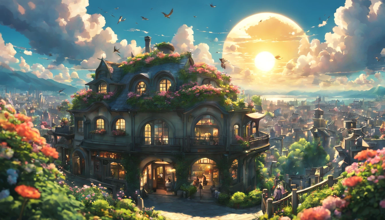 wide shot view, cinematic ,spectacular , 8k ,hi res , stunning studio Ghibli style ,anime , beautiful fantasy city ,beautiful sky ,birds ,firefly's ,sun flare ,flowers garden ,people, round light clouds.