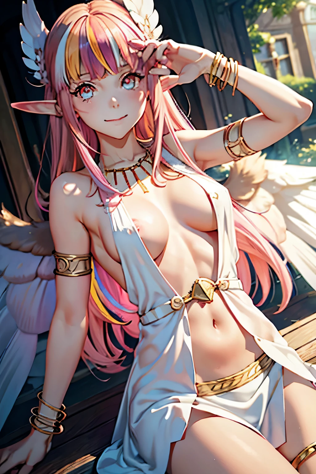 {Circe_FGO:1.15}, pointed_Ears, Pink_hair, Head_Wings, Wings, fringe, feathered_Wings, Long_hair, jewel, smile, small breasts, , blush, small_breasts, multicolored_eye, 1girl, bracelet, looking_at_viewer, wearing fur jacket, white fur jacket, white dress, detailed body, good anathomy, 4k, masterpiece,