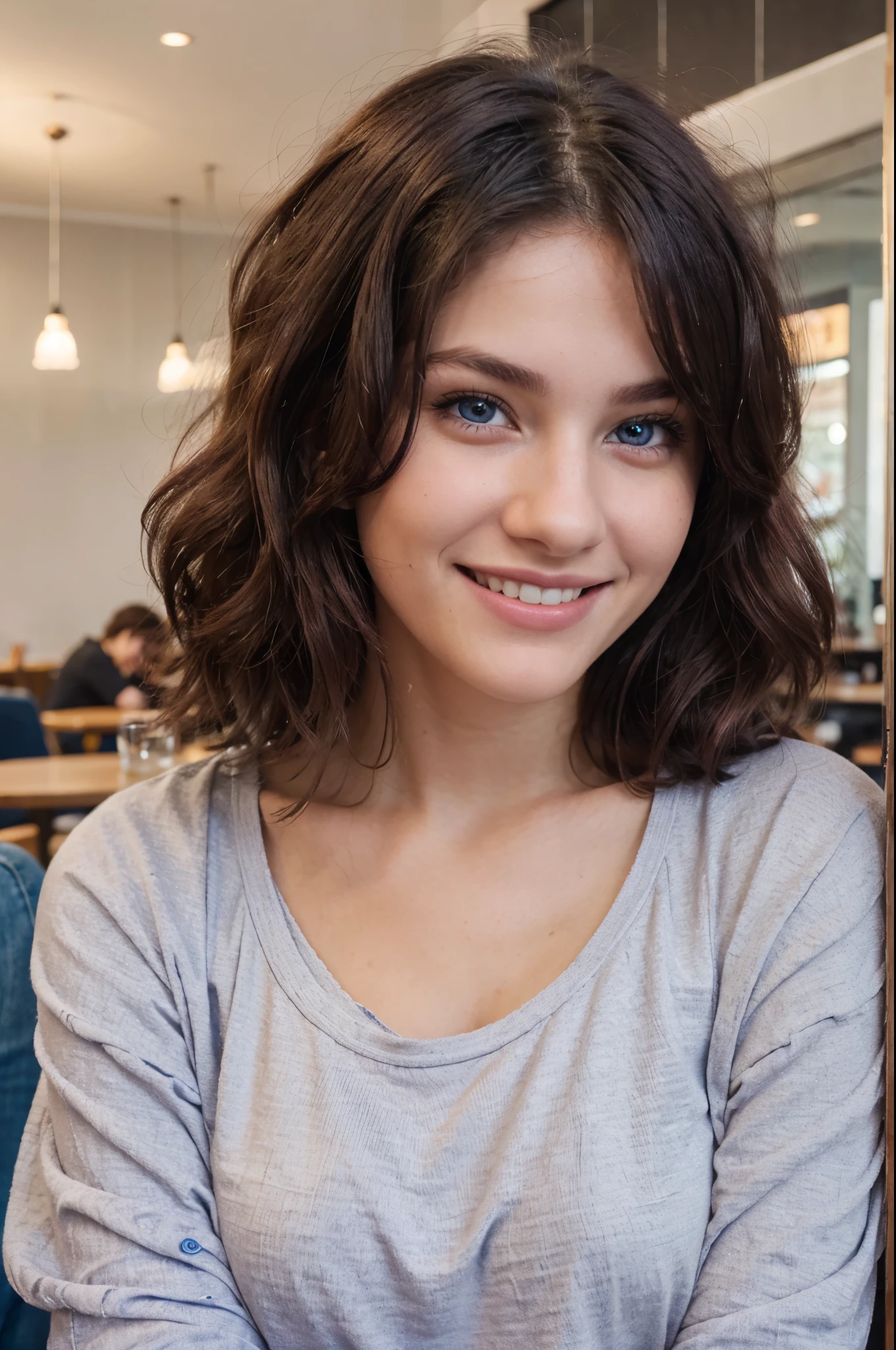 closeup of 19 year old beautiful model, wearing casual cloths , smiling in cafe, purplish white curly hairs, blue eyes, happy face, realistic photography