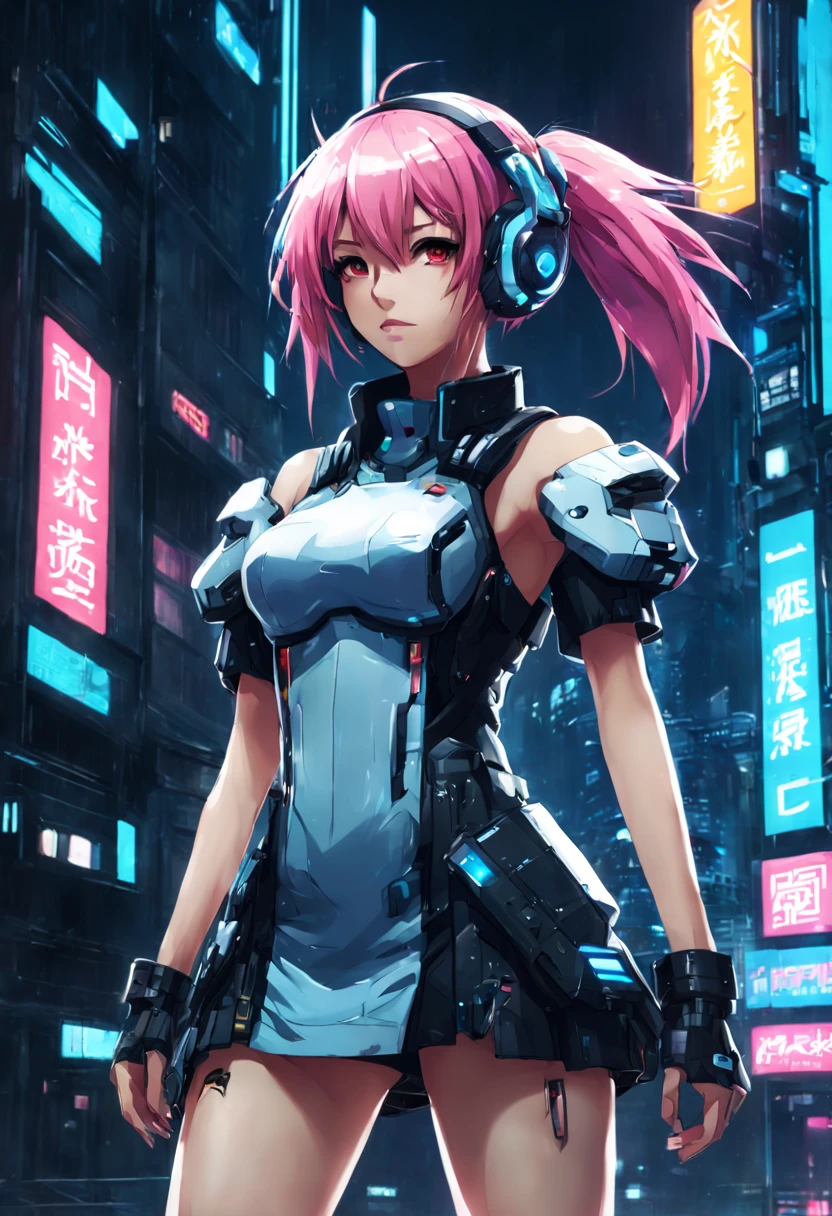 anime girl in a dress and headband standing in front of a building, digital cyberpunk anime art, digital cyberpunk - anime art, anime cyberpunk art, cyberpunk anime girl, cyberpunk anime girl mech, anime style 4 k, best anime 4k konachan wallpaper, cyber school girl, cyberpunk anime art, portrait anime space cadet girl, anime girl of the future, dreamy cyberpunk girl