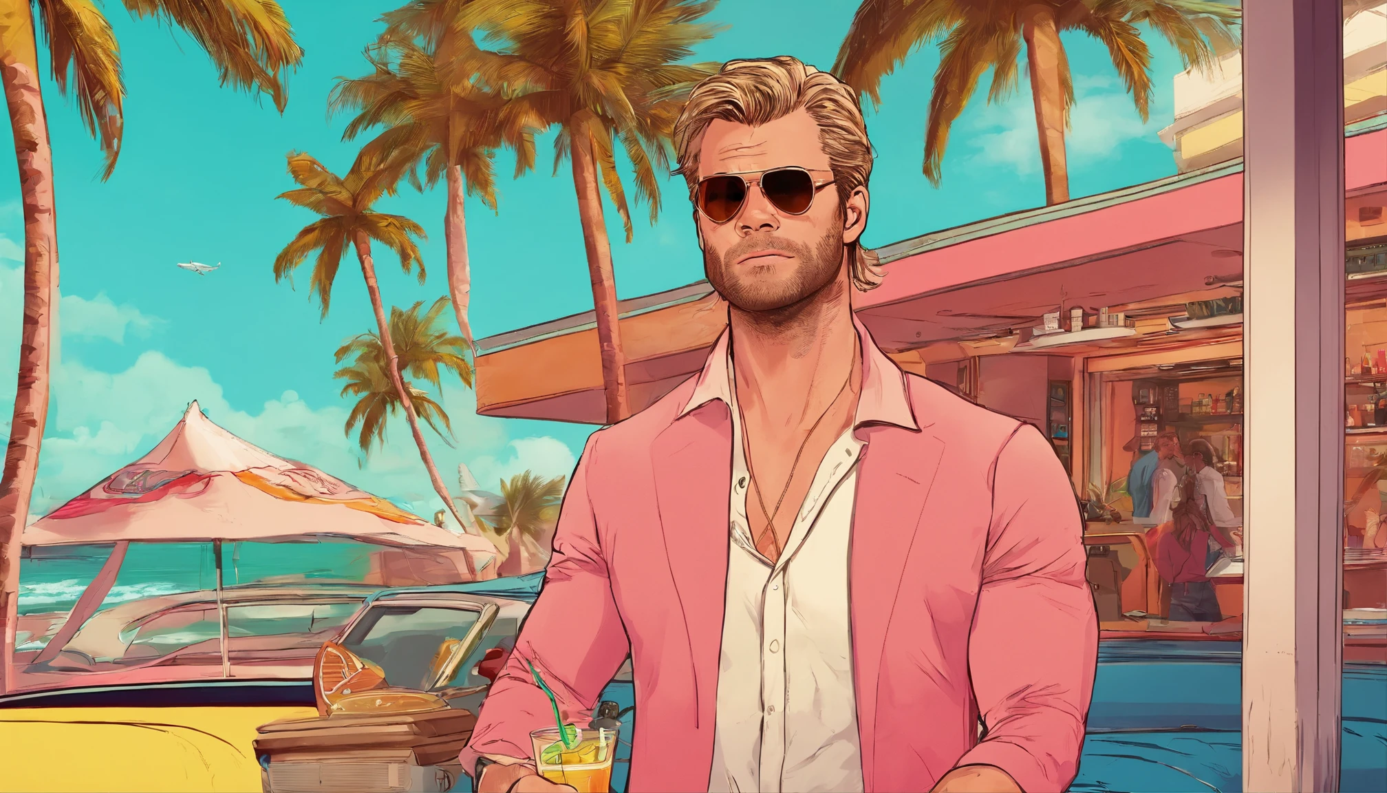 A photorealistic portrait of Chris Hemsworth, styled in a Miami Vice-inspired look, captured by Austin English in his signature minimalist style. Hemsworth wears a cobalt white button-down shirt and matching bomber jacket, the color echoing the Miami sky behind him. His hair tousled by the ocean breeze, and his gaze smolders with an intensity that could melt glaciers. He sips a margarita at a Little Havana Beach Bar. The palm trees lining South Beach frame the shot, while hinting at Hemsworth's jet-set lifestyle. The overall vibe a blend of masculine charm, carefree luxury, and a touch of danger, reminiscent of classic 80s action movies.