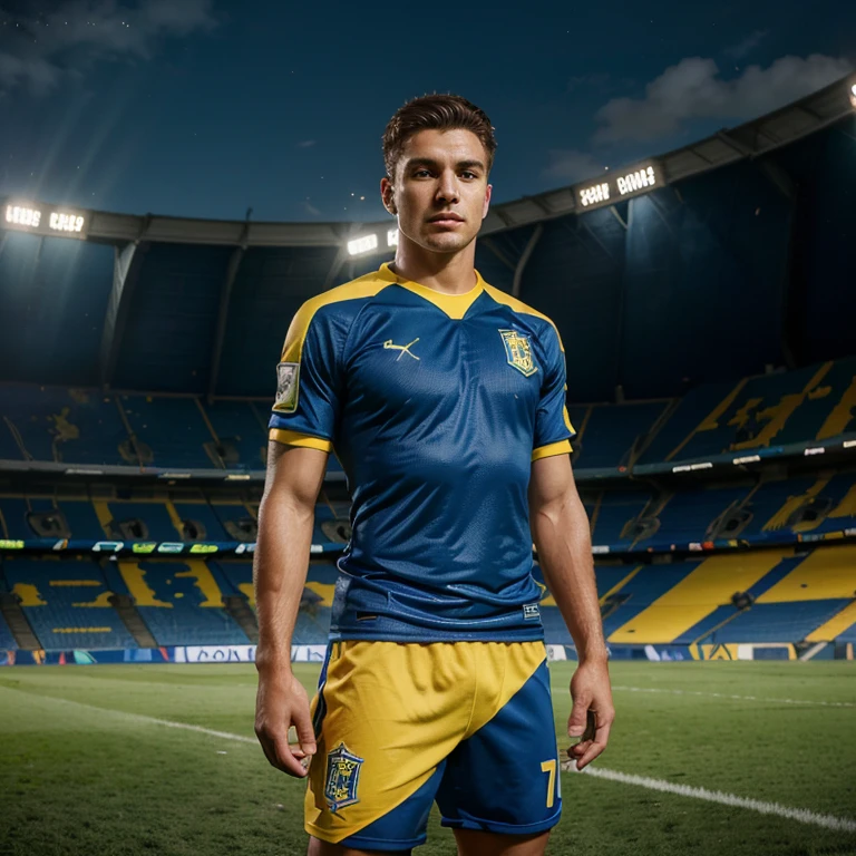 Photograph of male football (soccer) players,blue and yellow uniforms,stadium,city of Ukrainian immigrants in Brazil,portrait,realistic,ultra-detailed,professional,HDR,vivid colors,sharp focus,physically-based rendering,bokeh,studio lighting,landscape,colours:blue and yellow,immersive lighting.