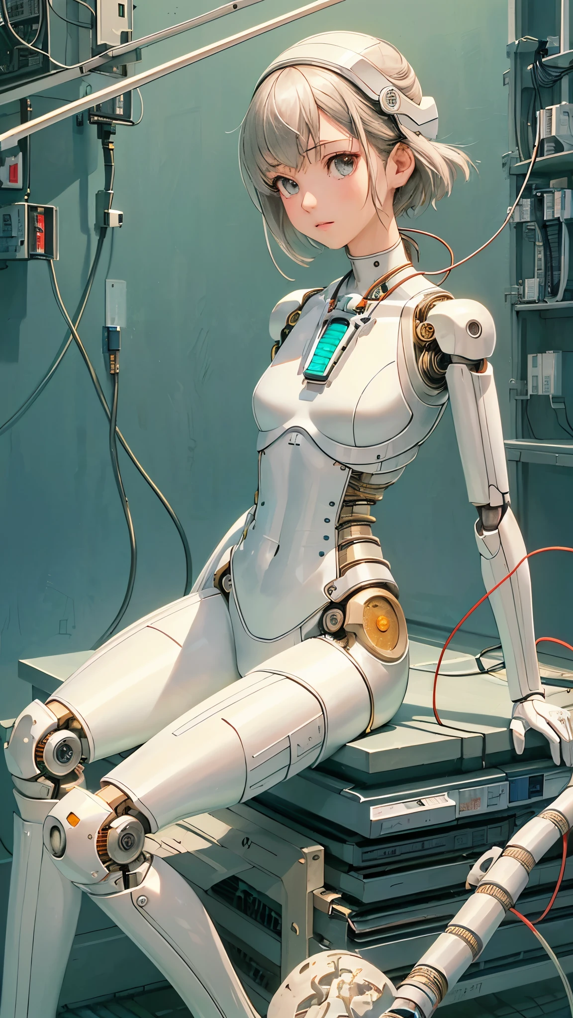 (((masutepiece))), (((Best Quality))), ((Ultra-detailed)), (High Definition CG Illustration), ((extremely delicate and beautiful)),(Cute delicate face),Cinematic Light,((1mechanical girl)),Solo,Full body,(Machine-made joints:1.4),((Mechanically dismembered muscle vessels connected to tubes),(a brain in container:1.3),((mechanical vertebra attaching to the back)),((mechanical cervial attaching to neck)),((Sitting)),deadpan,(wires and cables attaching to head and body:1.5),Small breasts,Short hair,(Character Focus),Science fiction