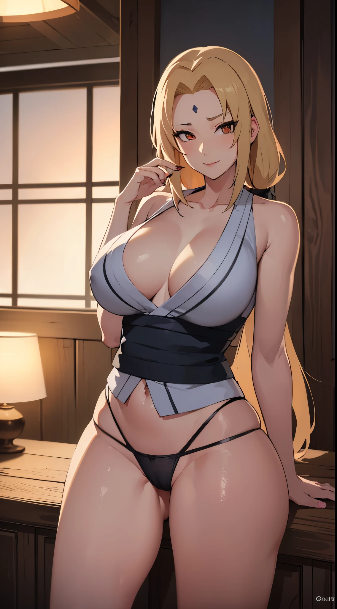 (best quality,4k,highres,masterpiece:1.2),ultra-detailed,realistic,anime,portraits,UHD,studio lighting,vivid colors,physically-based rendering,Tsunade from the anime Naruto,model figure,beautiful long legs,big breasts,detailed face,characteristic mark on the forehead,dressed in a kimono,kicking (visible panties)