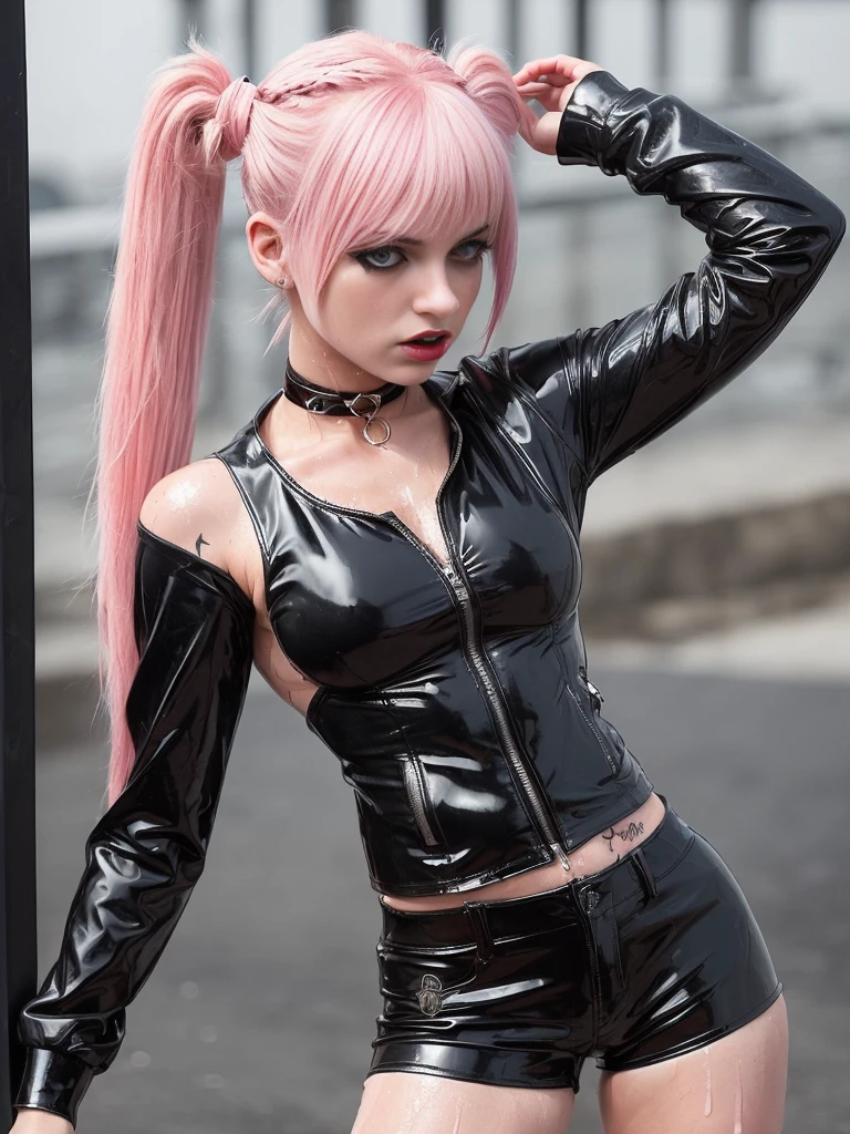 рыжая Girl from Europe (Evil and gloomy)), hairsh (tail, Длинная короткая блестящая latex jacket Bangtra, leather shorts, Latex jacket very short, Choker, black tank top, wet clothing, SFW, A lot of blood, a lot of tattoos on the body,There is one girl in the frame, Dark and gloomy atmosphere, Realistic light, sporty figure, Sweat runs down the body, Medium-sized breasts of a seductive punk-gothic girl, latex jacket, latex shorts, Choker, wet thin tank top, розовые и белые hairsh, Long bangs, pigtails, black lips, pouty lips, Medium GRD, Athletic body, athletic toned butt, Girl from Europe, lots of tattoos, Not a model, Street , Dark atmosphere, The skin is shiny with sweat, Gloomy room, twilight,  takes off his panties, hairsh на лобке, opens his chest, protruding 