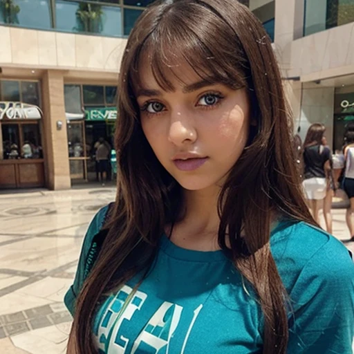 Palestinian girl with long brown hair and green eyes wearing makeup and eye liner and eye shadow blue lipstick and wearing a blue T-shirt with short sleeves with teenage daughter with long brown hair and bangs and green eyes wearing a black dress with short sleeves at a mall