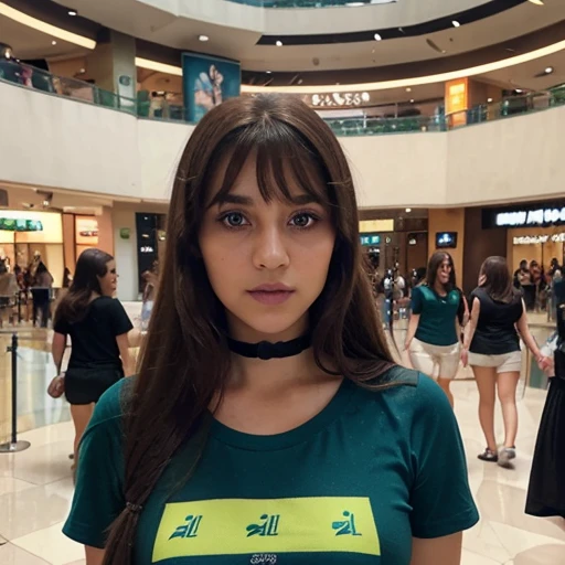 Palestinian girl with long brown hair and green eyes wearing makeup and eye liner and eye shadow blue lipstick and wearing a blue T-shirt with short sleeves with teenage daughter with long brown hair and bangs and green eyes wearing a black dress with short sleeves at a mall