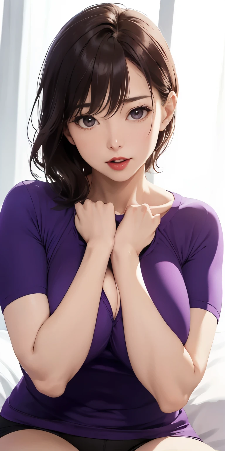 realisticlying、55-year-old girl、(((Grab your own chest)))Strengthen your ace by wearing a purple T-shirt,Chest super large zoom,Cleavage emphasis,Looking up from the bottom,Blushing,Red lips,A sexy,Bed sit,Open your mouth wide、Put your arms around the back of your head、Wearing underwear