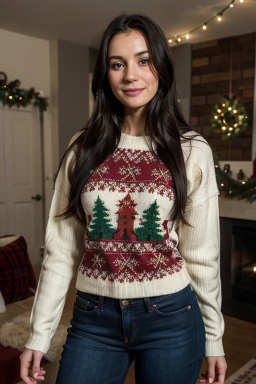 1girl, Solo, One woman of about 25 years old, black long hair, Close-up portrait, Hazel eyes, happy face, Christmas sweater, jeans, standing, room with Christmas decorations photography, mature woman, body measurement 36-25-35, RAW Photography, 8k, , Masterpiece, Full Body Shooting, Top Quality, Fine Pore, Realistic, Photorealistic, Ultra Detailed