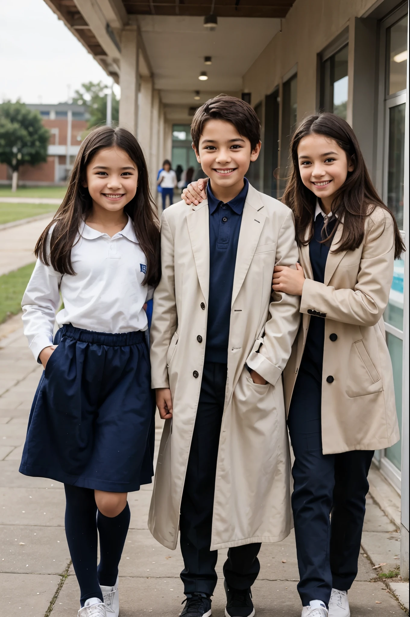 create an image with 3 children smiling at school wearing long clothes